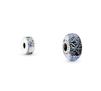 PANDORA Moments Tropischer Seestern & Muschel Clip-Charm aus Sterling-Silber mit Cubic Zirkonia, Kompatibel Moments Armbänder, 791678C01 & Welliges dunkelblaues Ozean Murano-Glas Charm