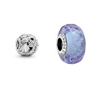 Pandora Offen gearbeitetes Seestern, Muschel und Herzen Charm Silber, 11 x 11 x 9,8 mm & Wellenförmiges Lavendelblaues Murano-Glas Charm, 798875C00, Lila, 1,3cm