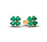 Pandora Ohrstecker Kleeblatt Grün mit 14 Karat Vergoldung, Ohrringe mit grünen Kristallen in Herzform, Damen Schmuck Glückssymbol, 264500C01