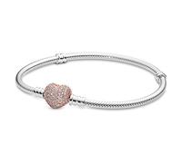 PANDORA Pavé-Herz-Verschluss Schlangen-Gliederarmband mit Sterling-Silber und 14 Karat rosévergoldete Metalllegierung, Cubic Zirkonia Steinen aus der PANDORA Moments Collection, 17cm