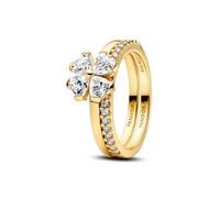 PANDORA Ring Glücksklee zum Teilen in 14 Karat Vergoldung mit Cubic Zirkonia, 2er Set Damen Ringe mit herzförmigen Steinen und Pavé Ringschiene, stapelbar, Größe: 58, 164507C01-58
