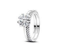 PANDORA Ring Glücksklee zum Teilen in 925 Sterling Silber mit Cubic Zirkonia, 2er Set Damen Ringe mit herzförmigen Steinen und Pavé Fassung, stapelbar, Größe: 58, 194507C01-58