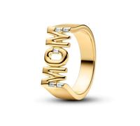 PANDORA Ring Mama Siegelring in 14 Karat Vergoldung mit Cubic Zirkonia, Damen Ring mit Schriftzug MOM und Baguette Steinen, Statement Ring, Größe: 58, 164460C01-58