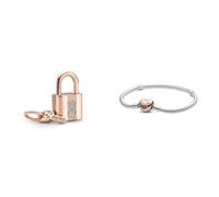 PANDORA ROSE Charm-Anhänger Vorhängeschloss mit Schlüssel Silber, 14k rosévergoldet, Zirkonia 780088C01 Moments Schlangen-Gliederarmband mit Herz-Verschluss, Silber/Rosé, 19 cm, 580719-19