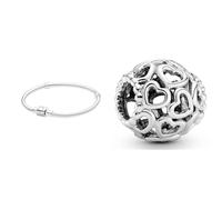 Pandora Schlangen-Gliederarmband mit Zylinder-Verschluss in Sterling-Silber Moments Collection, Größe 23 & All Over-Herzen Charm Sterling-Silber 11 x 11 x 10,7 mm (T/H/B)