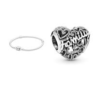 Pandora Schlangen-Gliederarmband mit Zylinder-Verschluss in Sterling-Silber Moments Collection, Größe 23 & Family Herz Charm Sterling-Silber 8,6 x 10,8 x 11,5 mm (T/H/B)