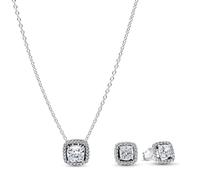 PANDORA Schmuckset für Damen Funkelndes Quadrat Heiligenschein edles Geschenk-Set Silber Halskette und Ohrstecker mit funkelnden Zirkonia für Frauen 21127
