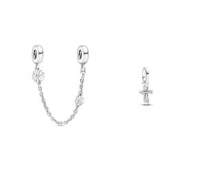 PANDORA Sicherheitskette Gänseblümchen 5cm 798764C01 & ME Funkelndes Kreuz Mini-Charm-Anhänger aus Sterling Silber mit Cubik Zirkonia, Kompatibel ME und Moments Armbändern, 793044C01