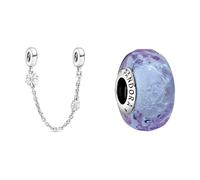 PANDORA Sicherheitskette Gänseblümchen 5cm 798764C01 & Wellenförmiges Lavendelblaues Murano-Glas Charm, 798875C00, Lila, 1,3cm