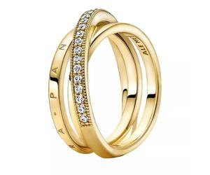 Pandora Signature Ring überkreuztes Pavé, Dreifachring, 14-karätig vergoldet, mit klarem Cubic Zirkonia