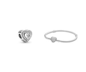 Pandora Timeless Funkelndes erhabenes Herz Charm aus Sterling Silber mit Zirkonia Steinchen - kompatibel Moments Armbänder - 799218C01 & Damen-Armband mit Herz 590727CZ-21, Silber