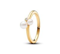 Pandora Timeless Ring, 14-karätig vergoldet, mit weißer, behandelter Süßwasserzuchtperle und klarem Cubic Zirkonia