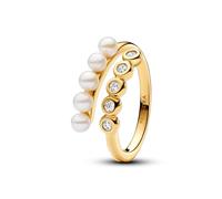 Pandora Timeless Ring, offen, 14-karätig vergoldet, mit weißer, behandelter Süßwasserzuchtperle und klarem Cubic Zirkonia