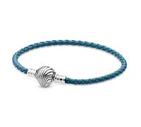 PANDORA Türkisfarbenes geflochtenes Muschelverschluss Lederarmband 17,5 cm