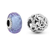 PANDORA Wellenförmiges Lavendelblaues Murano-Glas Charm, 798875C00, Lila, 1,3cm & All Over-Herzen Charm Sterling-Silber 11 x 11 x 10,7 mm (T/H/B)