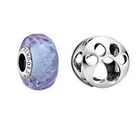Pandora Wellenförmiges Lavendelblaues Murano-Glas Charm, 798875C00, Lila, 1,3cm & Offen gearbeiteter Hundepfotenabdruck Charm Sterling-Silber 9 x 11,5 x 11,5 mm (T/H/B)