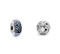Pandora Welliges dunkelblaues Ozean Murano-Glas Charm & Offen gearbeitetes Seestern, Muschel und Herzen Charm Silber, 11 x 11 x 9,8 mm