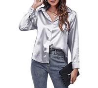 Panegy Damen Satin Blusen Langarmshirts V-Ausschnitt Tops Seidenartige Front Knopf Revers Hemden für Damen für Büro Arbeit Business Hochzeit Abend Party Silber L