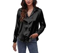 Panegy Damen Satinhemden V-Ausschnitt Blusen Langarmshirts Frontknopf Revers Seidenähnliche Hemden für Damen Büroarbeit Business Hochzeit Abend Party Wear Schwarz L