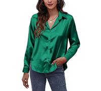 Panegy Hemden für Damen V-Ausschnitt Bluse Satin Oberteile Front Knopf Revers Hemden Glänzend Seidenartiges Hemd für Damen Langarm Hemd für Büro Arbeit Business Party Grün XL