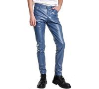Panegy Herren Wet Look Hosen Slim Fit Gerade Bein Glänzende Hosen Biker Casual Bleistift Hosen Biker Stretch Strumpfhosen Kunstleder Elastische Lange Hosen Blau