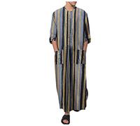 PANGF Ethnische Herren Kaftan Baumwolle Leinen Ethnische Nachthemd Roben Langarm Druck Gestreiftes Lang Freizeitkleid mit Taschen Bademäntel Morgenmäntel S-4XL (03-Blau, 4XL)