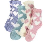 PangWuu 4 Paar schlafsocken damen & flauschige socken, Herz-Muster, Korallenfleece, warme Wintersocken, weich & elastisch, ideal für Haus & Geschenke, Gr. 35-39, flauschig & kuschelig