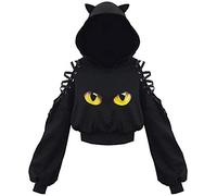 PANOZON Damen Hoodie Bauchfrei Pullover mit Katzenohren Hollow Out Gothic Sweatshirt Katze1 M
