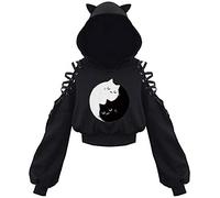 PANOZON Damen Hoodie Bauchfrei Pullover mit Katzenohren Hollow Out Gothic Sweatshirt Katze5 2XL