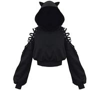 PANOZON Damen Hoodie Bauchfrei Pullover mit Katzenohren Hollow Out Gothic Sweatshirt Schwarz 2XL