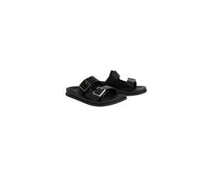 Pantolette CALVIN KLEIN "CITY SANDAL BUCKLE LTH", Damen, Gr. 41, schwarz, Leder, Basic, Schuhe Pantolette, Sommerschuh, Hausschuh, Strandschuh mit Plateau und Schnallen (96658134-41) schwarz