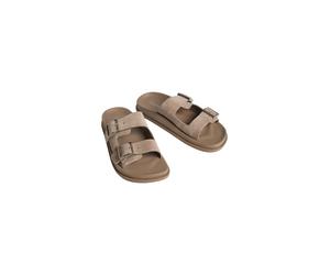 Pantolette CALVIN KLEIN "CITY SANDAL BUCKLE SUEDE", Damen, Gr. 39, taupe, Veloursleder, Schuhe Pantolette, Sommerschuh, Flats mit Schnallenverschluss (58616402-39) taupe