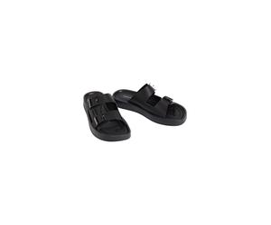 Pantolette CALVIN KLEIN "ERGON DOUBLE BAR SANDAL LTH", Herren, Gr. 45, schwarz, Leder, unifarben, Basic, Schuhe Pantolette, Strandschuh, Sommerschuh, unifarbener Flat mit Logoschriftzug (62790768-45)