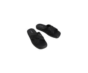 Pantolette CALVIN KLEIN "SQ MOLDED SANDAL XCROSS WB", Herren, Gr. 43, schwarz, Lederimitat, Textil, unifarben, Basic, Schuhe Pantolette, Strandschuh, Sommerschuh, Badepantolette, Flat mit Logoschriftz