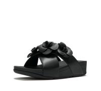 Pantolette FITFLOP "LULU FLOWER CROSS SLIDES", Damen, Gr. 37, schwarz, Lederimitat, geblümt, Schuhe Pantolette, Keilabsatz, Sommerschuh, Schlupfschuh mit dekorativen Blüten (95294617-37) schwarz