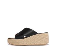 Pantolette FITFLOP "PLATFFORMS ESPADRILLE LEATHER WEDGE CROSS SLIDES", Damen, Gr. 40, schwarz, Leder, Schuhe Pantolette, Keilabsatz, Plateau, Sommerschuh mit Wedge (13099721-40) schwarz