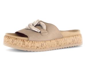 Pantolette GABOR, Damen, Gr. 36, gold (beige, goldfarben), Kalbsleder, Ziegenveloursleder, Schuhe Pantolette, Plateau, Sommerschuh, Schlupfschuh mit bezogener Zierkette (92087847-36) beige, goldfarben