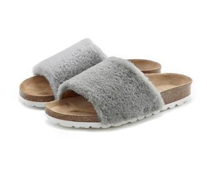 Pantolette LASCANA "Hausschuh", Damen, Gr. 39, grau, Obermaterial: 100% Synthetik. Decksohle: 100% Rindsleder. Laufsohle: 100% Synthetik, Fellimitat, unifarben, Schuhe Pantoffeln Plüsch Hausschuh Pant