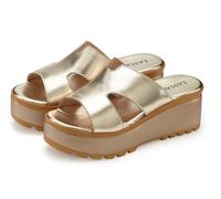 Pantolette LASCANA "Sandale, Sommerschuh, Mule, offener Schuh", Damen, Gr. 36, gold (goldfarben), Obermaterial: 100% Schafsleder. Decksohle: 100% Lederimitat. Futter: 100% Synthetik. Laufsohle: 100% S