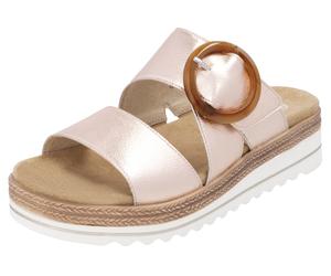 Pantolette REMONTE, Damen, Gr. 45, braun (kupferfarben), Leder, metallic, Schuhe Pantolette, Keilabsatz, Sommerschuh, Schlappen mit Zierschnalle, Topseller (83919828-45) kupferfarben