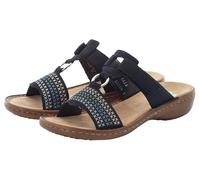 Pantolette RIEKER, Damen, Gr. 37, blau (nachtblau), Nubuklederimitat, kontrastfarbene Details, Schuhe Pantolette, Keilabsatz, Sommerschuh, Schlappen mit schöner Stickerei (71048730-37) nachtblau