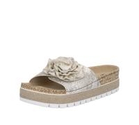 Pantolette RIEKER, Damen, Gr. 38, beige, goldfarben, Lacklederimitat, Textil, Reptilienprägung, metallic, Schuhe Pantolette, Sommerschuh, Schlappen mit modischem Plateau, Topseller (79950762-38)