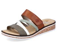 Pantolette RIEKER, Damen, Gr. 38, grün (cognac, mint, sanftes weiß, olivgrün), Lederimitat, mehrfarbig, Schuhe Pantolette, Keilabsatz, Sommerschuh, Schlappen mit Klettriemchen (98096262-38) cognac, mi