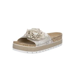Pantolette RIEKER, Damen, Gr. 39, beige, goldfarben, Lacklederimitat, Textil, Reptilienprägung, metallic, Schuhe Pantolette, Sommerschuh, Schlappen mit modischem Plateau, Topseller (79950762-39)