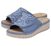 Pantolette RIEKER, Damen, Gr. 39, blau (jeansblau), Lederimitat, kontrastfarbene Details, Schuhe Pantolette, Sommerschuh, Strandschuh, Hausschuh mit regulierbarem Klettverschluss (88870847-39) jeansbl
