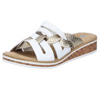 Pantolette RIEKER, Damen, Gr. 40, gold (weiß, goldfarben), Lederimitat, Schuhe Pantolette, Sommerschuh, Schlappen, Hausschuh, Keilabsatz, mit kleinem Gummizug (61004514-40) weiß, goldfarben