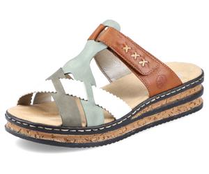 Pantolette RIEKER, Damen, Gr. 42, bunt (multi), Lederimitat, Schuhe Pantolette, Keilabsatz, Sommerschuh, Schlappen mit praktischem Klettriemchen (95296545-42)