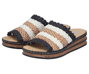Pantolette RIEKER, Damen, Gr. 42, Synthetik Textil, braun (schwarz, hellbraun, weiß), Lederimitat, Flechtoptik, mehrfarbig, Schuhe Pantolette, Sommerschuh, Urlaubsschuh, Keilpantolette zum Schlupfen,