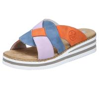 Pantolette RIEKER, Damen, Gr. 43, lila (flieder, bleu, orange), Lederimitat, mehrfarbig, Schuhe Pantolette, Sommerschuh, Strandschuh, Hausschuh mit zweifarbiger Plateausohle (91206720-43)