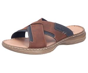 Pantolette RIEKER, Herren, Gr. 42, braun (braun, blau), Leder, Lederimitat, unifarben mit Farbeinsatz, Schuhe Pantolette, Sommerschuh, Strandschuh, Urlaubsschuh mit Kreuzbandage, Topseller (19126056-4